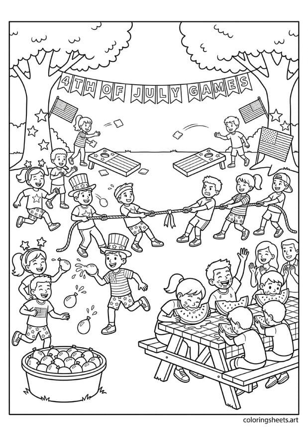 4th of July backyard games scene with cornhole water balloon fight tug of war watermelon eating contest and patriotic banner coloring page