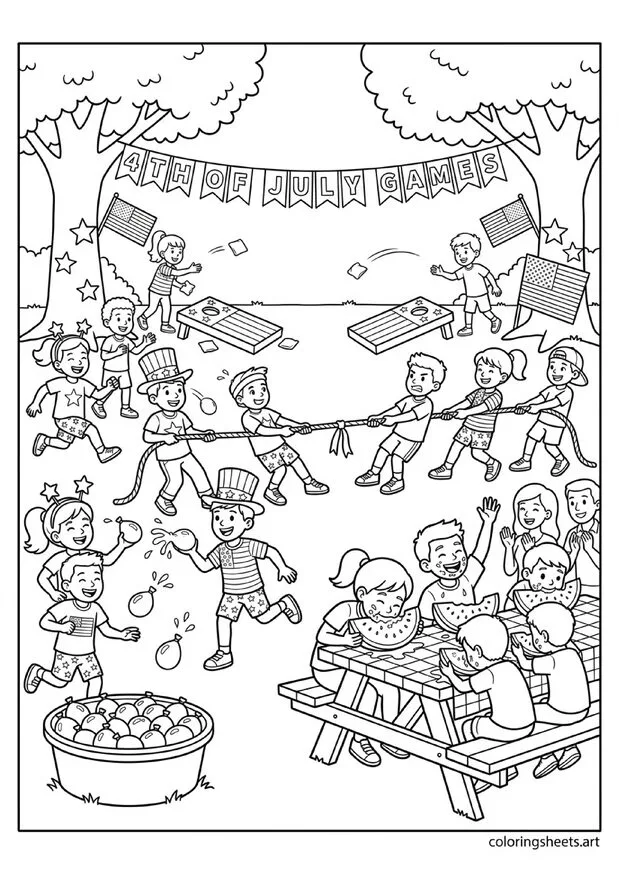 4th of July backyard games scene with cornhole water balloon fight tug of war watermelon eating contest and patriotic banner coloring page