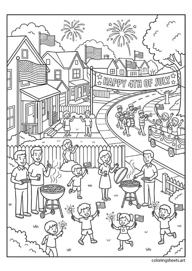 Joyful American neighborhood 4th of July celebration with BBQ grills sparklers flags parade fireworks and Happy 4th of July banner coloring page — free printable PDF