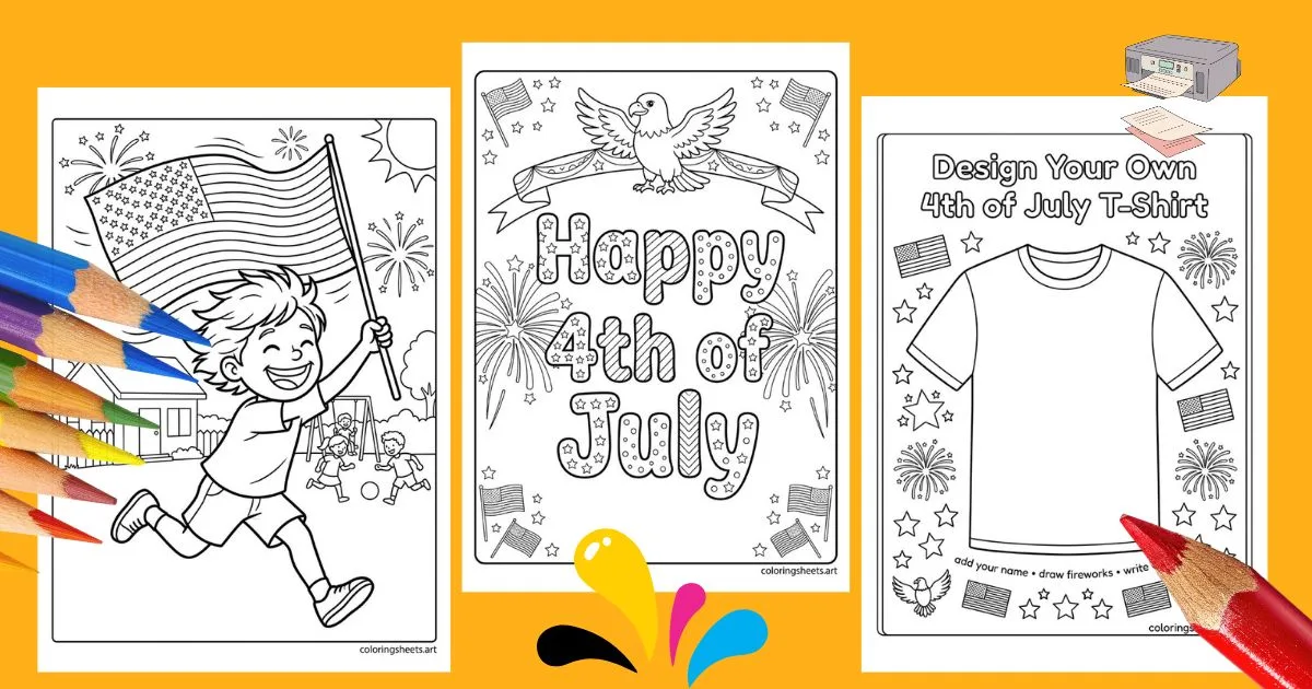 Collection of 36 free printable 4th of July coloring pages for kids featuring American flags, fireworks, and Independence Day T-shirt designs.