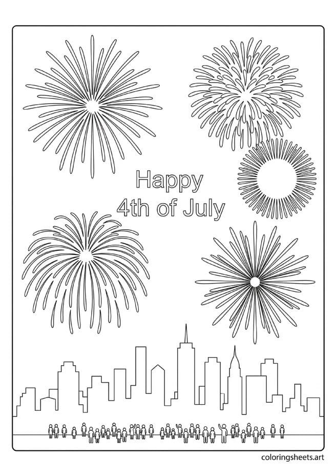 Spectacular 4th of July fireworks bursting over city skyline with crowd watching and Happy 4th of July text coloring page — free printable PDF