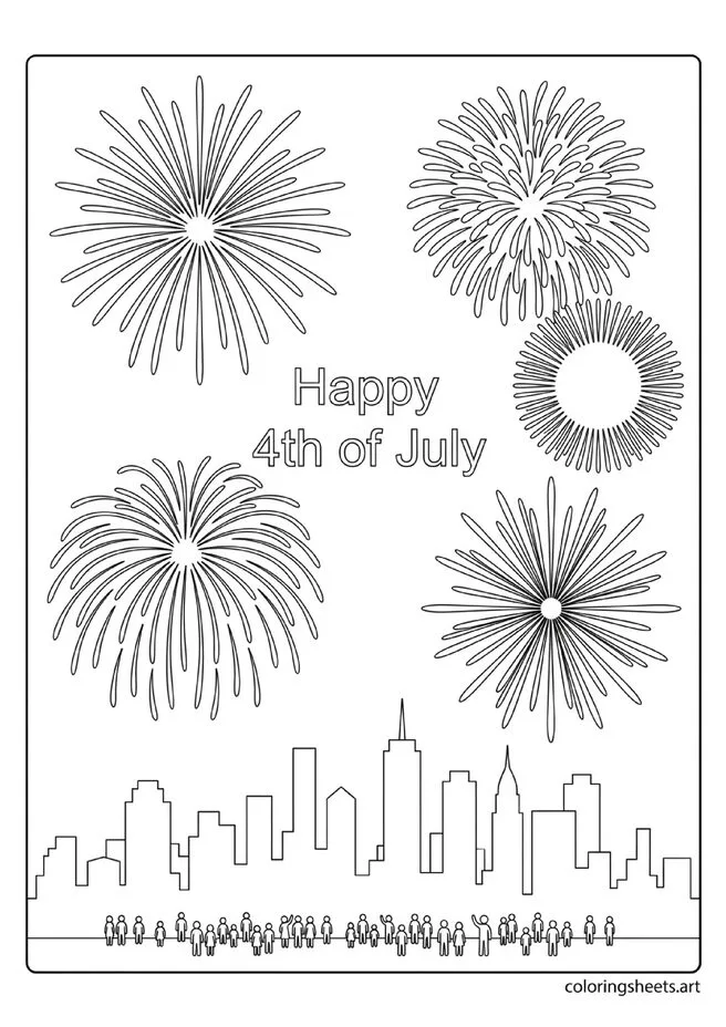 Spectacular 4th of July fireworks bursting over city skyline with crowd watching and Happy 4th of July text coloring page