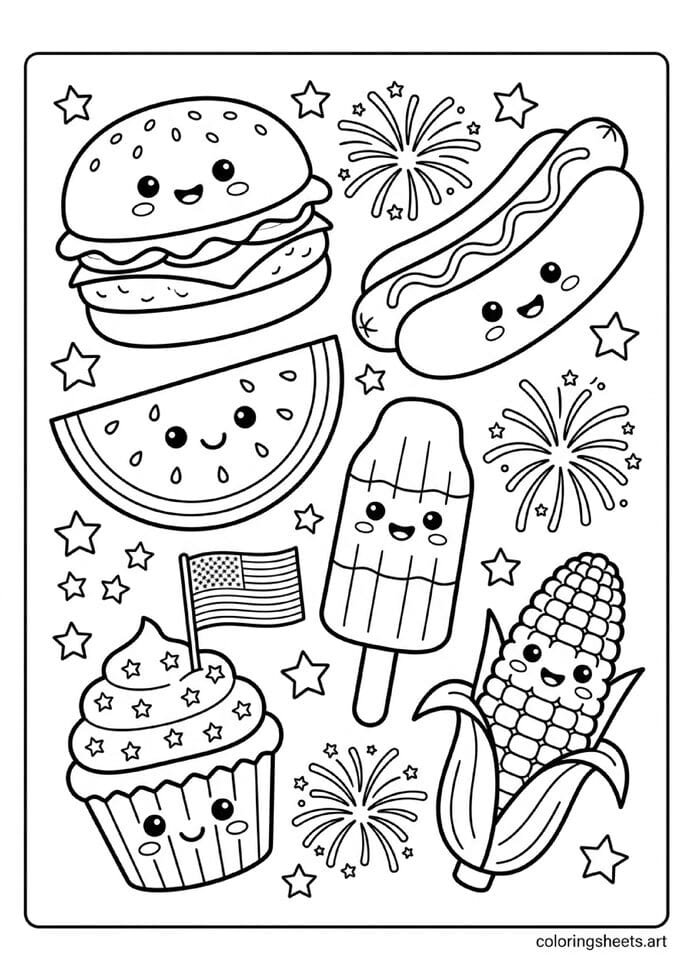 Collection of cartoon 4th of July foods with happy faces hamburger hot dog watermelon bomb pop patriotic cupcake and corn coloring page — free printable PDF