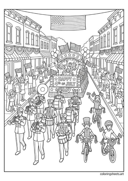 Classic small town 4th of July parade with marching band float decorated bikes families cheering and American flag banner above Main Street coloring page — free printable PDF