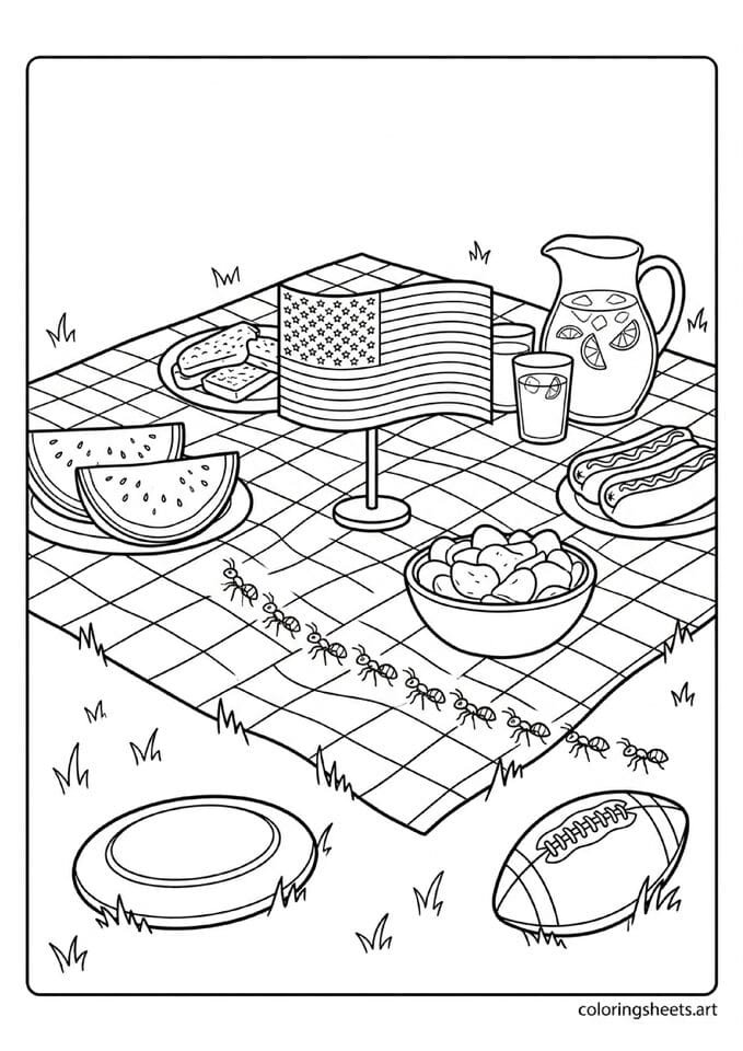 American 4th of July picnic on checkered tablecloth with watermelon hot dogs lemonade flag centerpiece and ants marching coloring page — free printable PDF