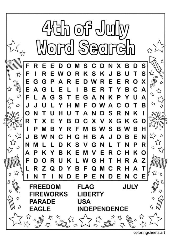 4th of July word search with FREEDOM FIREWORKS PARADE EAGLE FLAG LIBERTY USA INDEPENDENCE surrounded by colorable patriotic border coloring page — free printable PDF