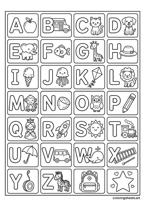 Educational ABC alphabet coloring page with all 26 capital letters each decorated with matching cartoon object apple bus cat back to school — free printable PDF