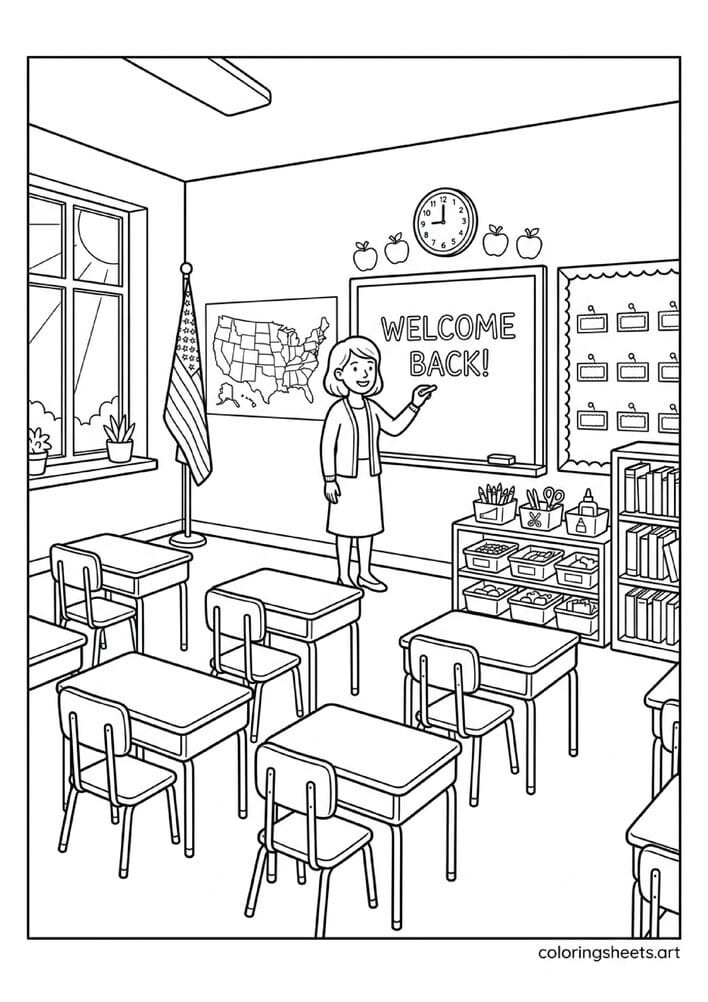 Classic American elementary classroom with Welcome Back chalkboard US map American flag bulletin board and school supplies back to school coloring page — free printable PDF