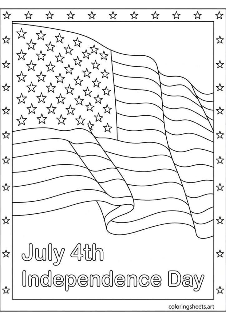 Large American flag waving with 50 stars 13 stripes July 4th Independence Day text and decorative star border coloring page — free printable PDF