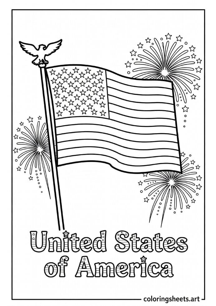 Detailed American flag Stars and Stripes with eagle on flagpole fireworks and United States of America text coloring page — free printable PDF