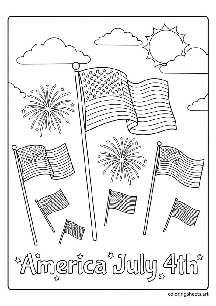 American flags of different sizes waving on flagpoles with fireworks between them America July 4th text and bright sun 4th of July coloring page — free printable PDF