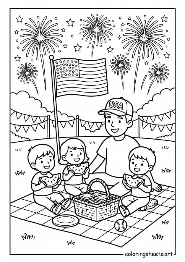 Patriotic American Father's Day picnic with family American flag red white blue bunting USA cap and watermelon coloring page — free printable PDF