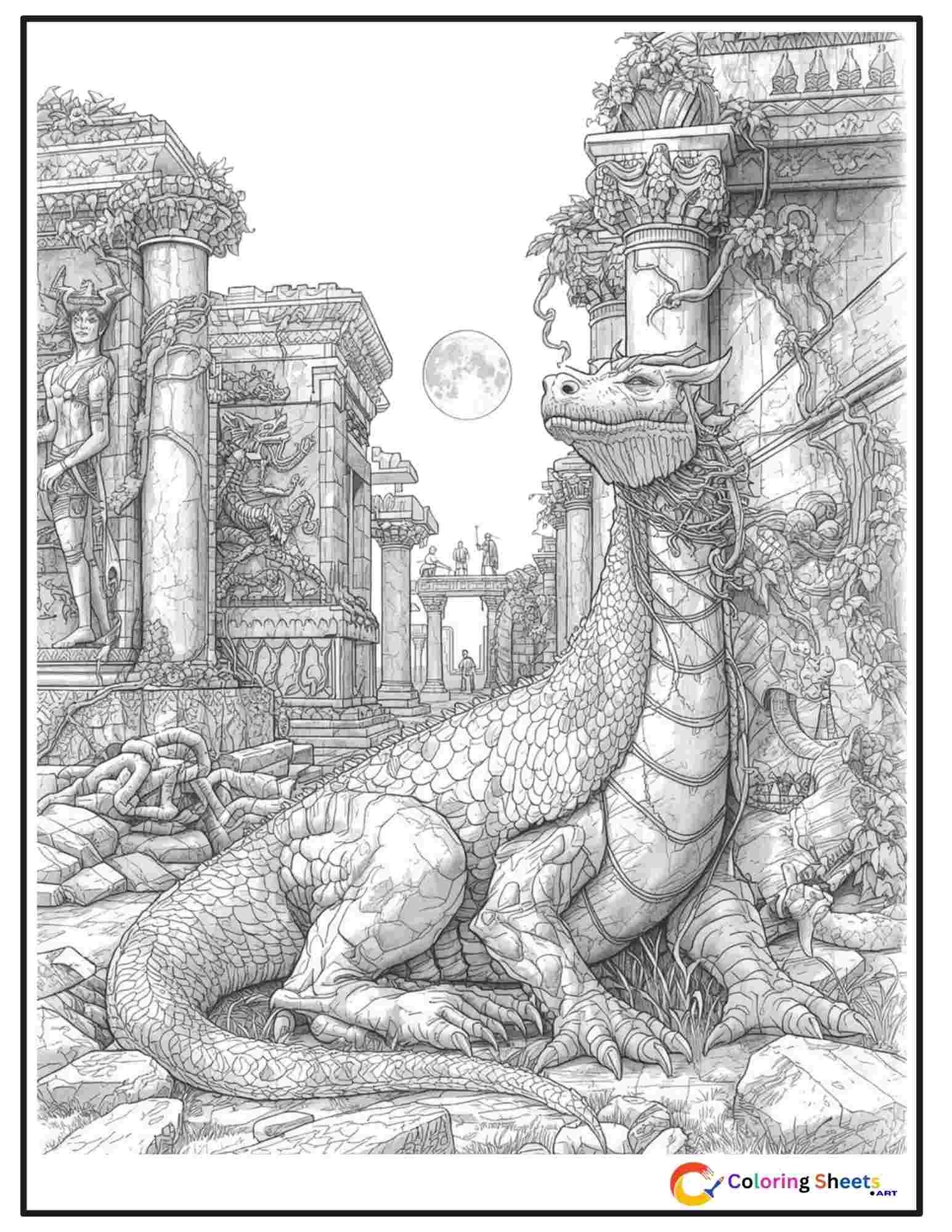 Adult coloring page of an ancient dragon resting among crumbling stone ruins with carved reliefs, vines, and moonlight through broken arches