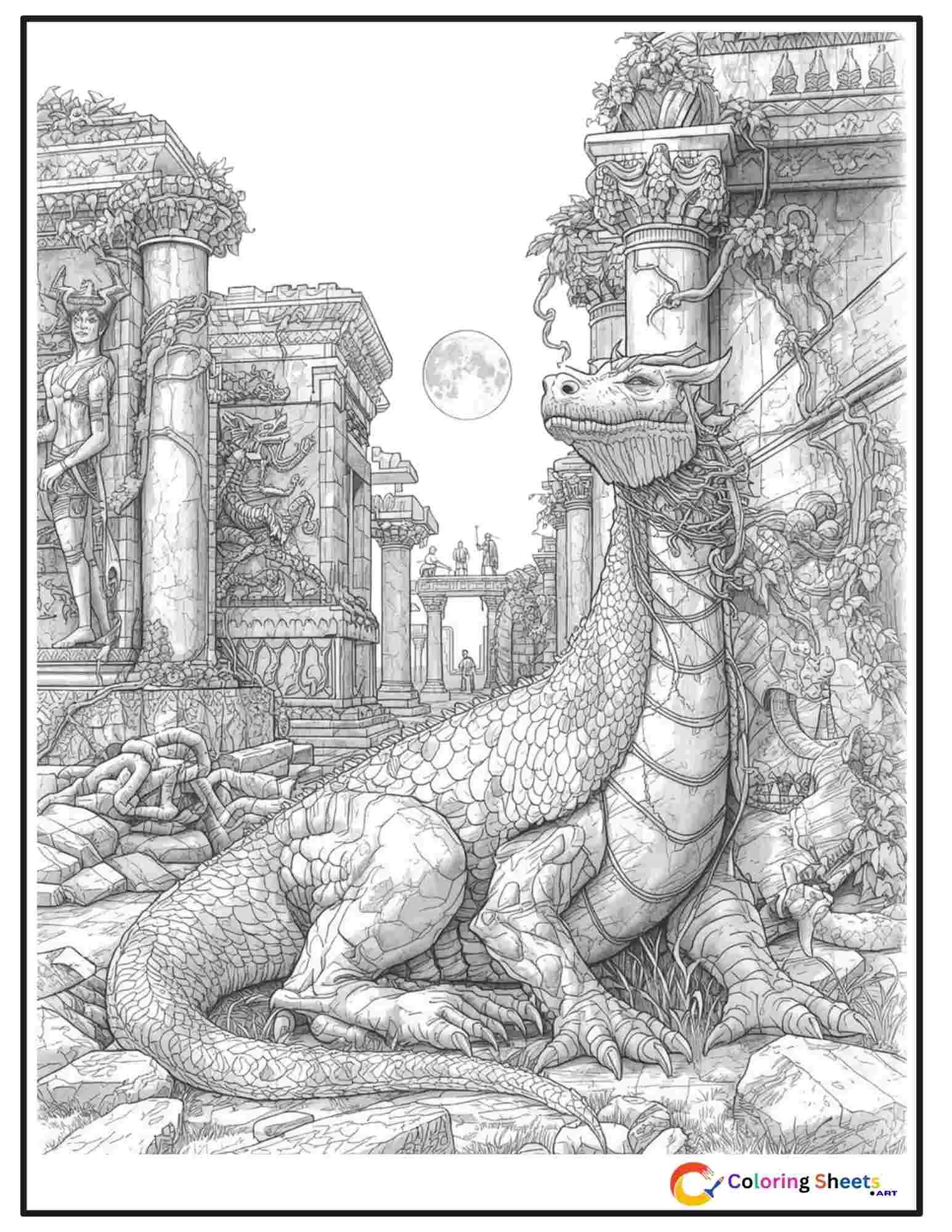 Adult coloring page of an ancient dragon resting among crumbling stone ruins with carved reliefs, vines, and moonlight through broken arches