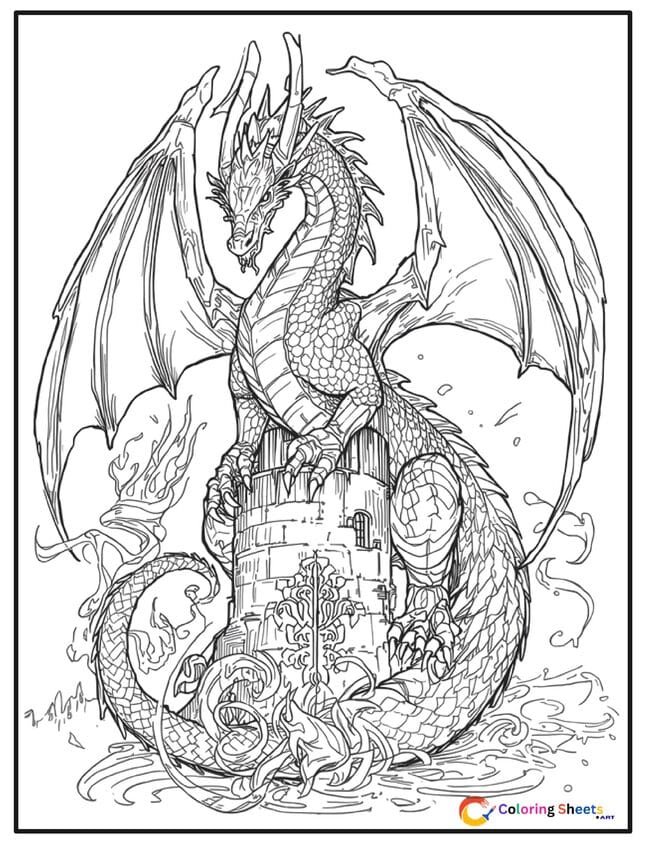 Black and white coloring page of an ancient elemental dragon with detailed scales and feathered wings coiled around a fantasy castle tower