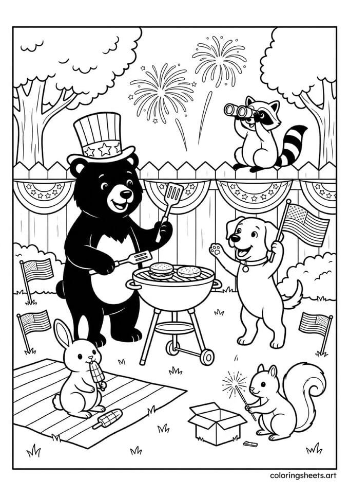 Cute American animals celebrating 4th of July bear grilling dog with flag raccoon with binoculars bunny with bomb pop and squirrel with sparkler coloring page — free printable PDF