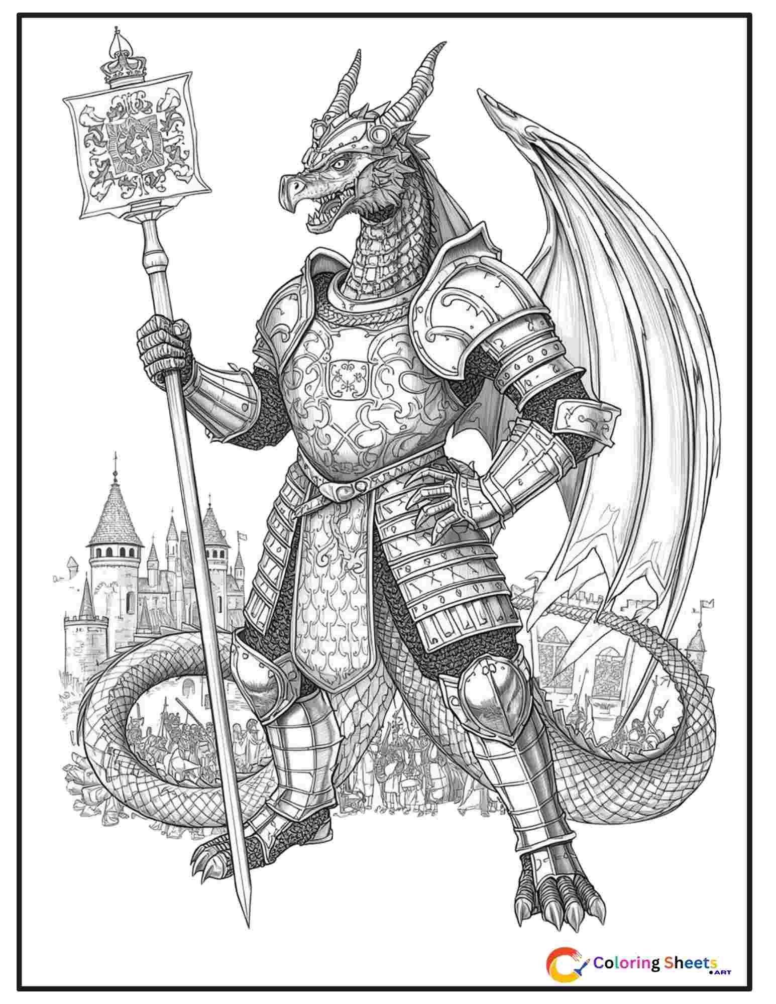 Detailed adult coloring page of a dragon wearing elaborate engraved medieval plate armor holding a battle standard in front of a castle siege scene