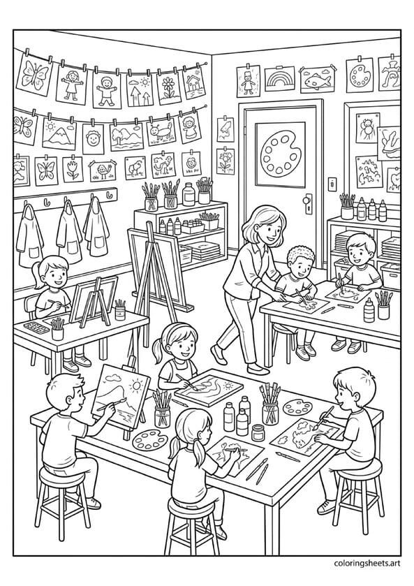 American elementary school art class with kids painting easels student artwork drying and art teacher helping back to school coloring page — free printable PDF