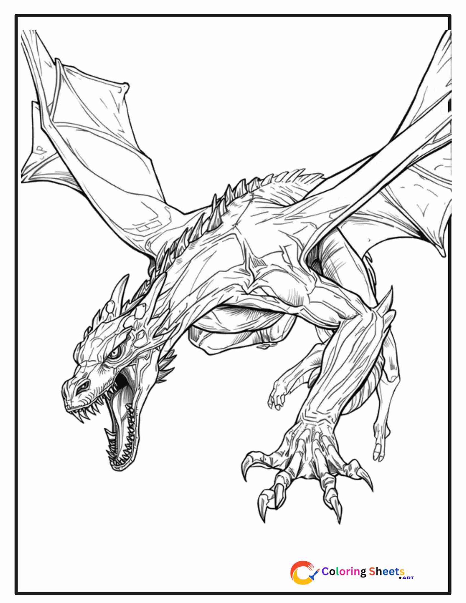 Realistic black and white coloring page of a scary dragon in mid-dive attack with wings folded back, jaws open, and claws outstretched