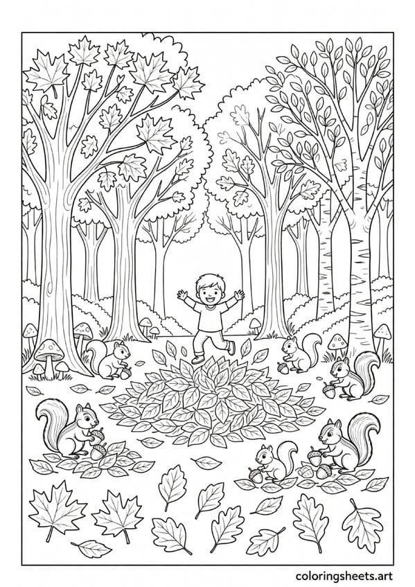 Autumn forest scene with child jumping in leaves squirrels and detailed leaf shapes Earth Day coloring page for kids — free printable PDF
