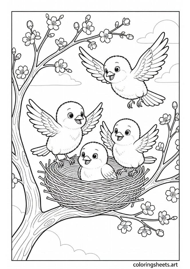 Three baby birds in nest learning to fly with mama bird encouraging them spring blossoms coloring page for kids