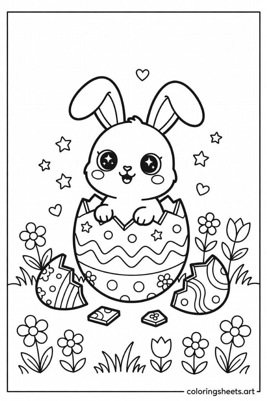 Cute baby bunny hatching out of a cracked decorated Easter egg coloring page with stars and spring flowers — free printable PDF for kids