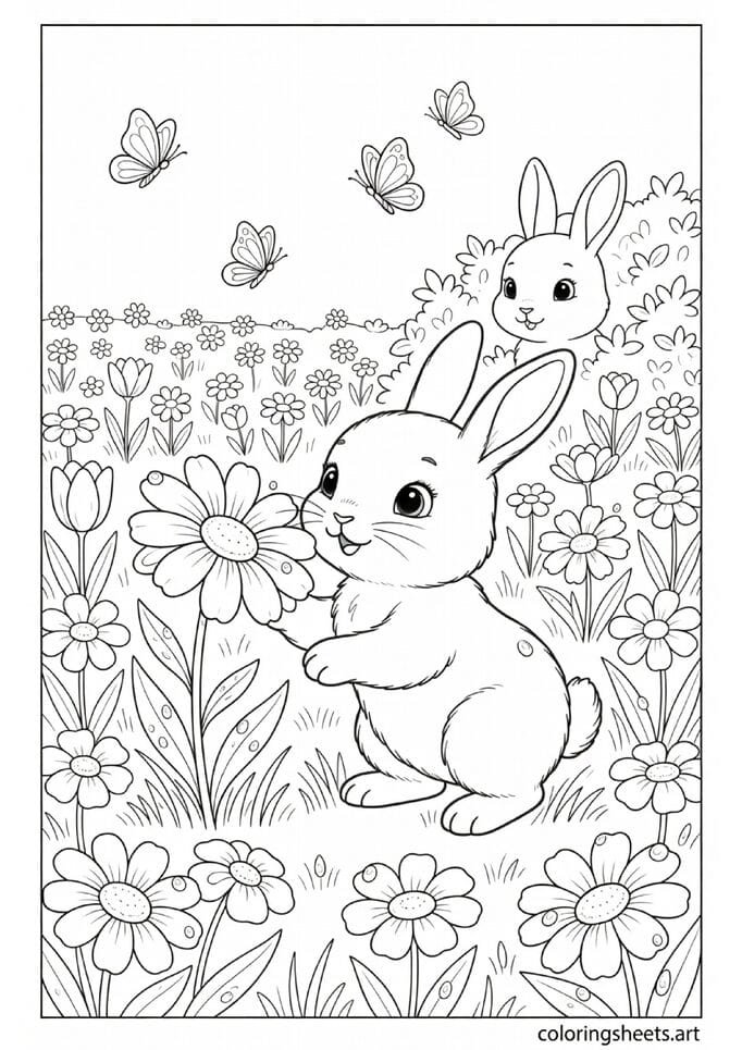 Tiny baby bunny discovering spring daisy for first time with wonder eyes and butterflies coloring page for kids