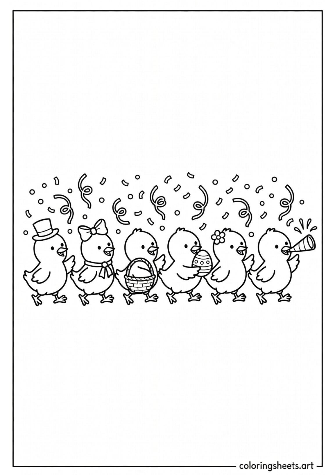 Six baby chicks marching in an Easter parade with different accessories and confetti coloring page for kids — free printable PDF