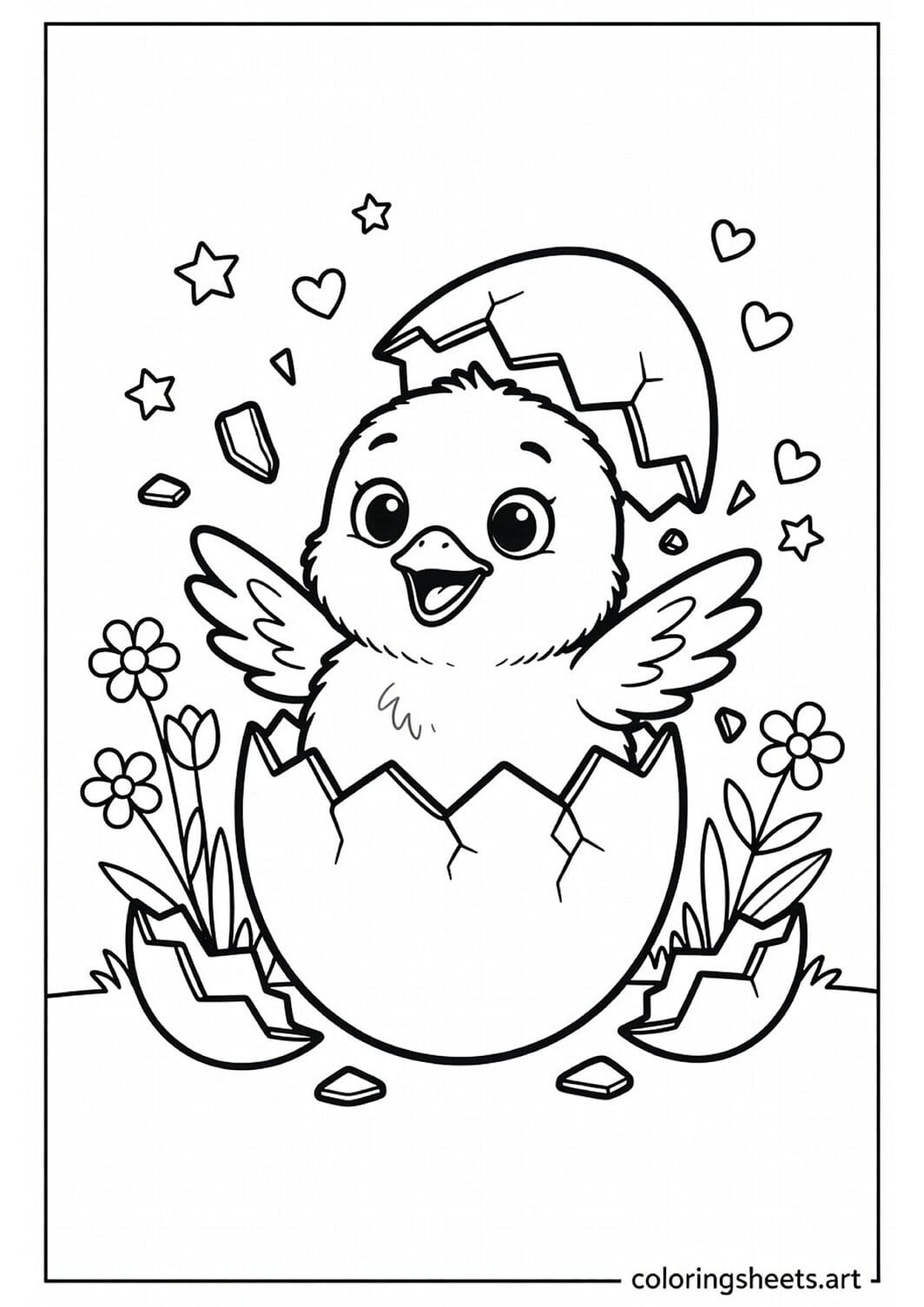Adorable baby chick hatching out of a cracked Easter egg with stars and spring flowers coloring page for kids — free printable PDF