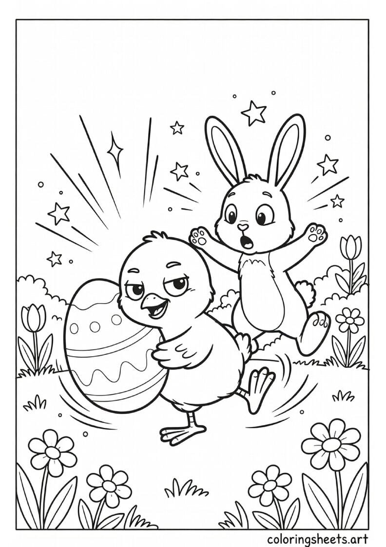 Funny baby chick sneaking away with a giant Easter egg while Easter bunny chases behind in a spring garden coloring page — free printable PDF