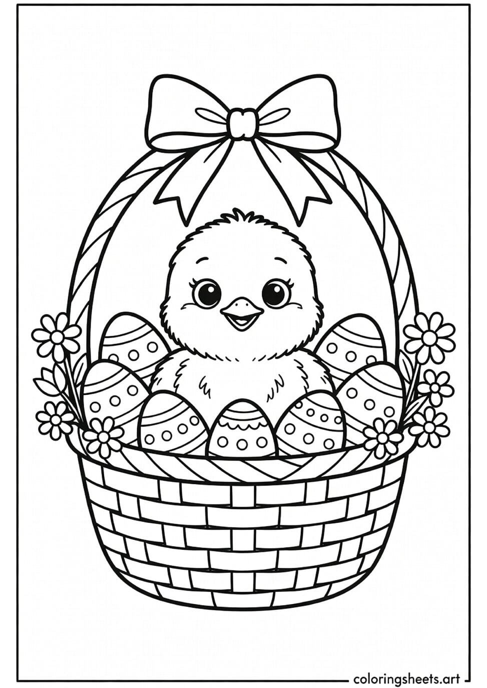 Cute fluffy baby chick sitting inside a woven Easter basket with decorated eggs and a ribbon bow coloring page — free printable PDF
