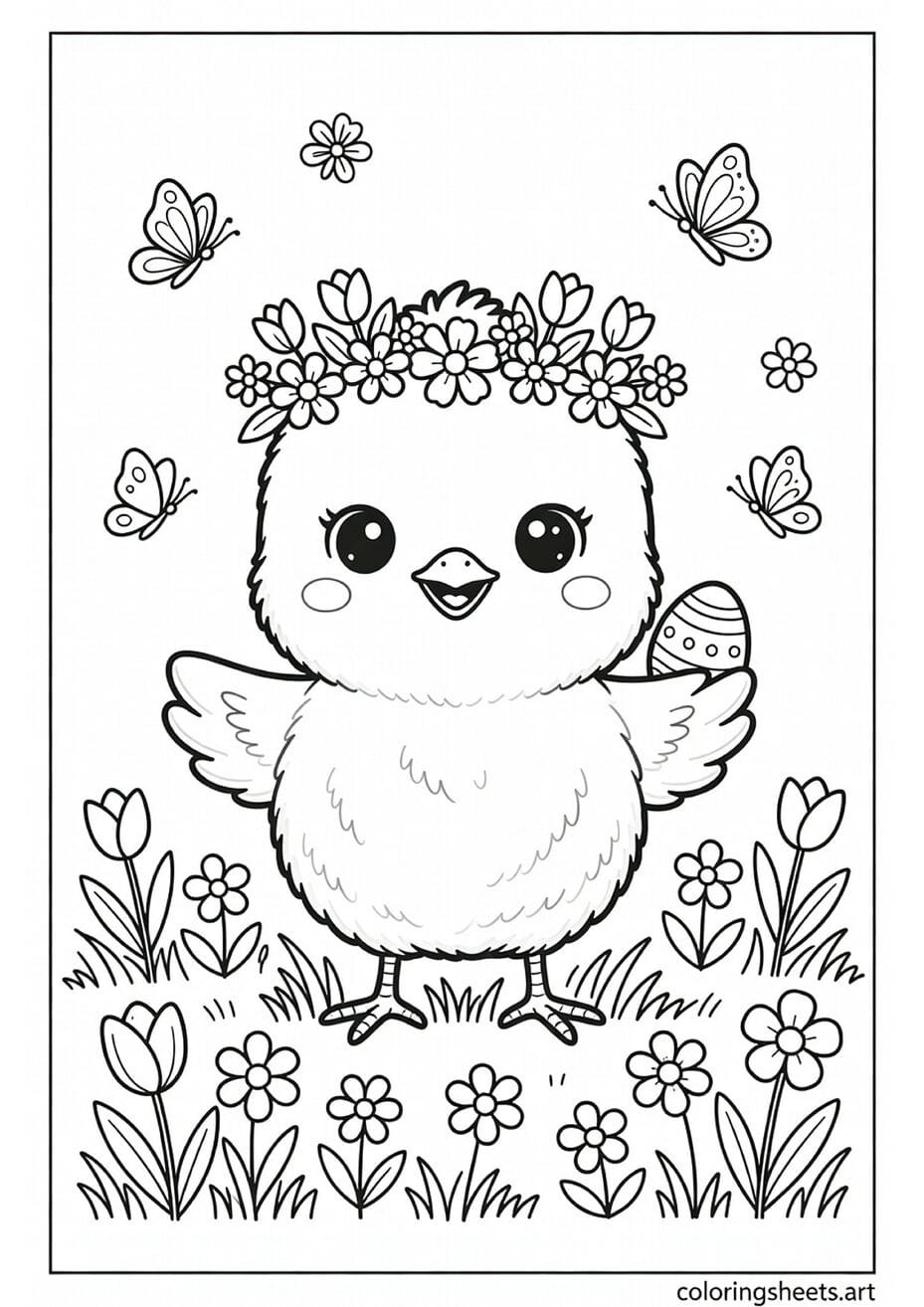 Kawaii baby chick wearing a flower crown coloring page standing in a spring meadow with butterflies and daisies — free printable PDF