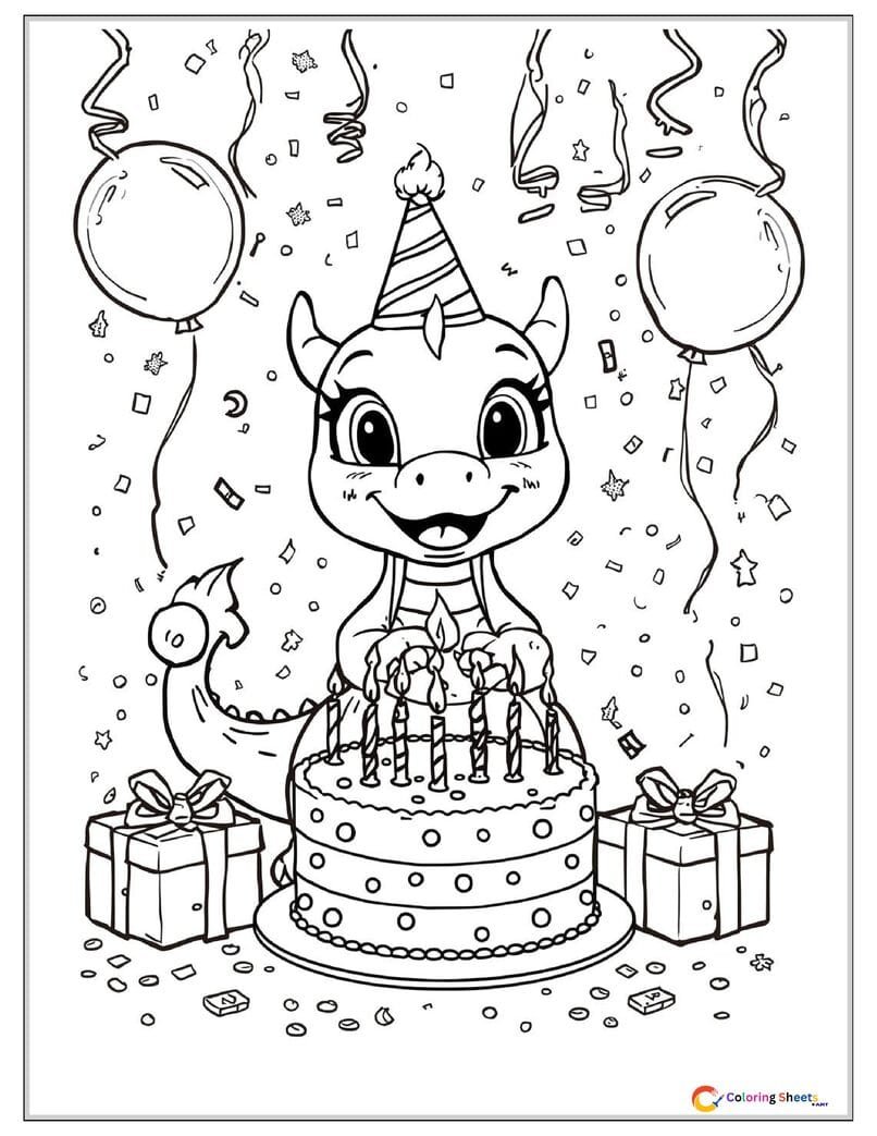 Cute kids coloring page of a baby dragon wearing a party hat and blowing a tiny flame to light birthday cake candles surrounded by balloons