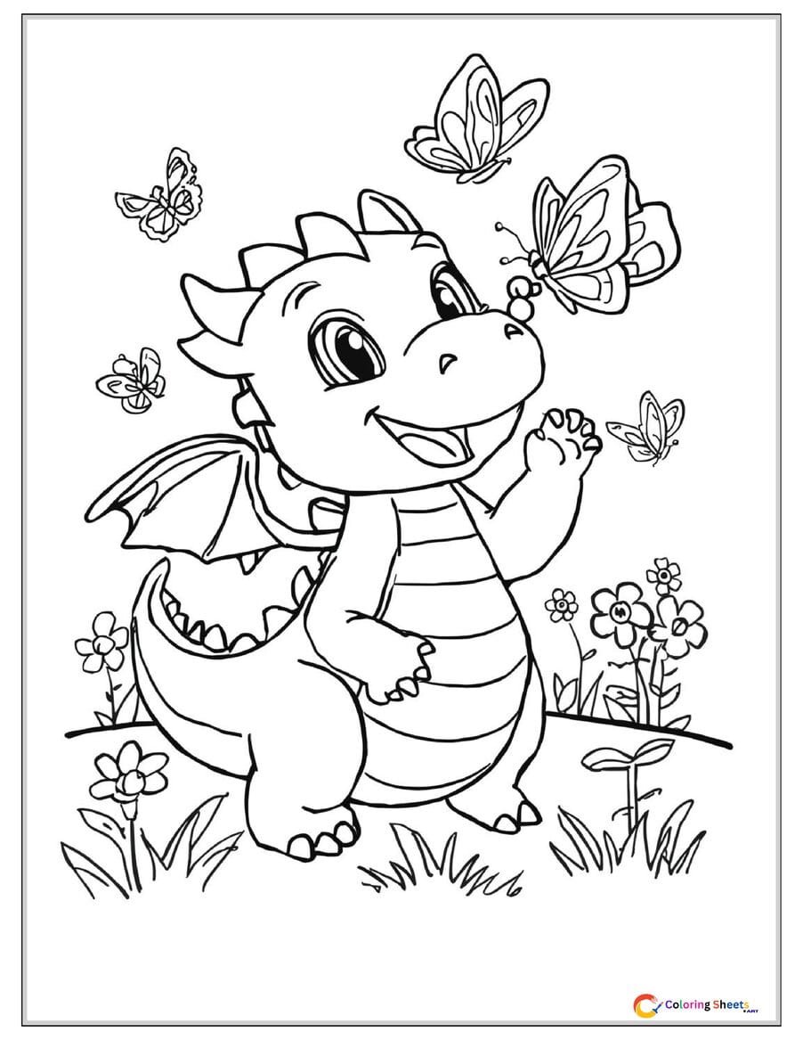Kids coloring page of a chubby happy baby dragon with big eyes chasing butterflies in a flower meadow with simple bold outlines