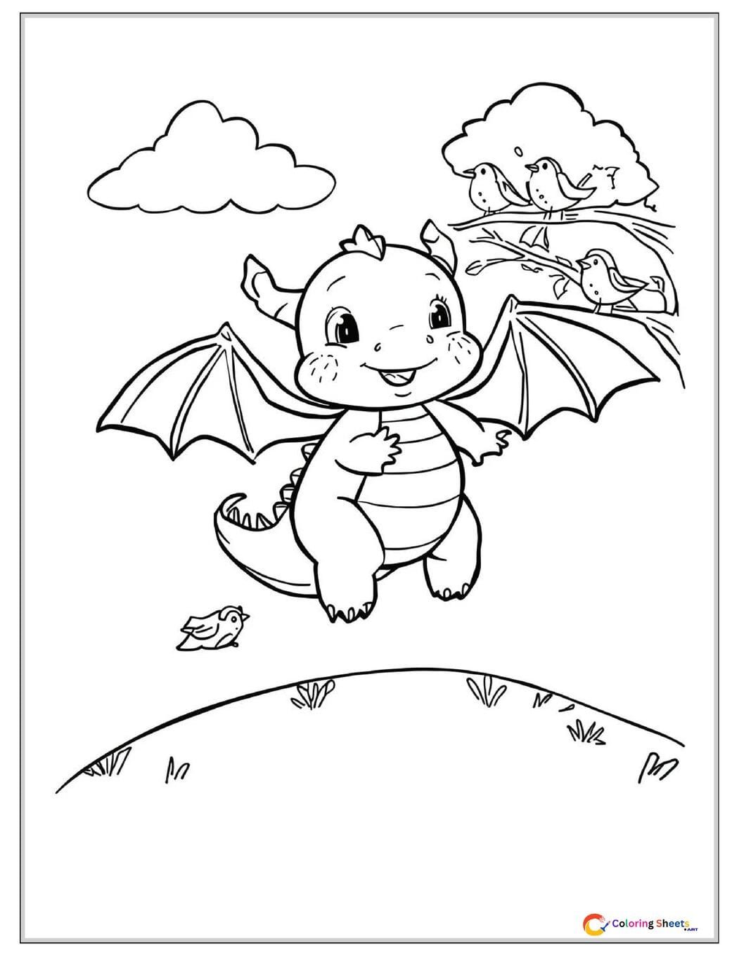 Kids coloring page of a cute baby dragon with wings spread trying to fly off the ground while little birds cheer from a nearby tree branch
