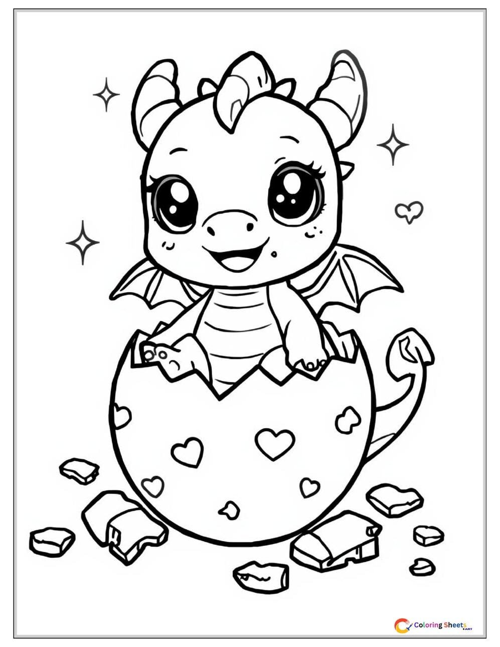 Cute black and white coloring page of a baby dragon with big eyes hatching from a cracked egg with shell pieces around it