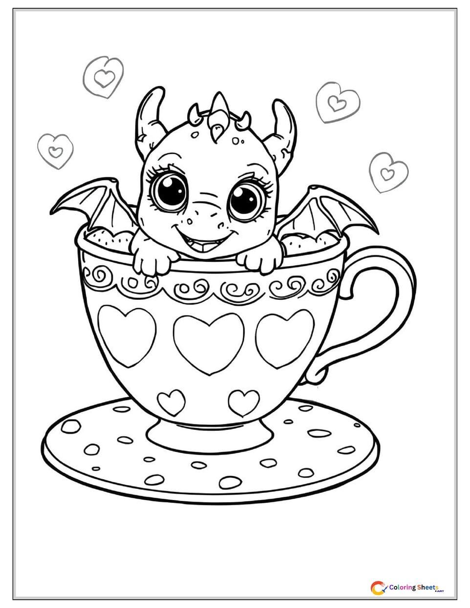 Adorable coloring page of a tiny baby dragon with big eyes sitting inside a large decorated teacup with hearts and flowers