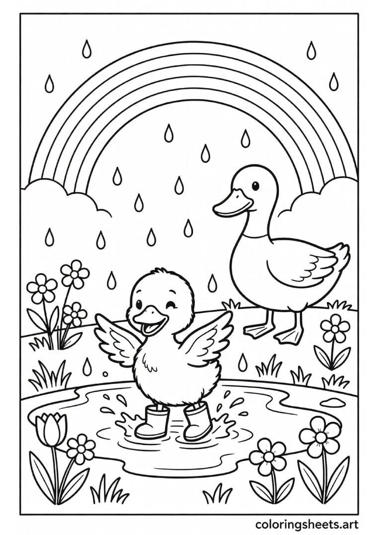 Adorable baby duckling in rain boots splashing in spring puddle with mama duck watching and rainbow sky coloring page