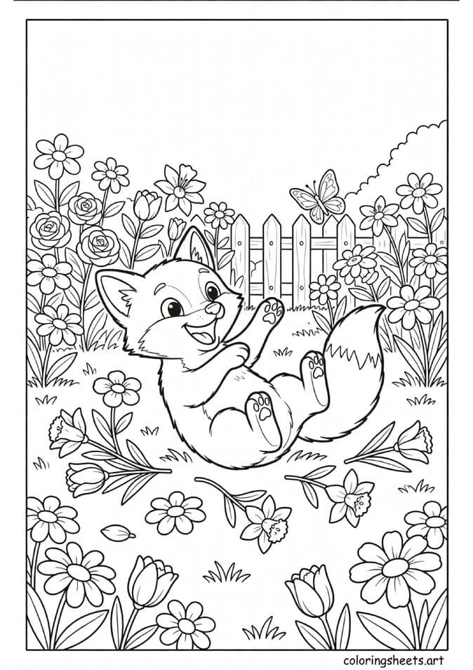 Playful baby fox chasing a butterfly through a spring garden with flowers and garden gate coloring page for kids