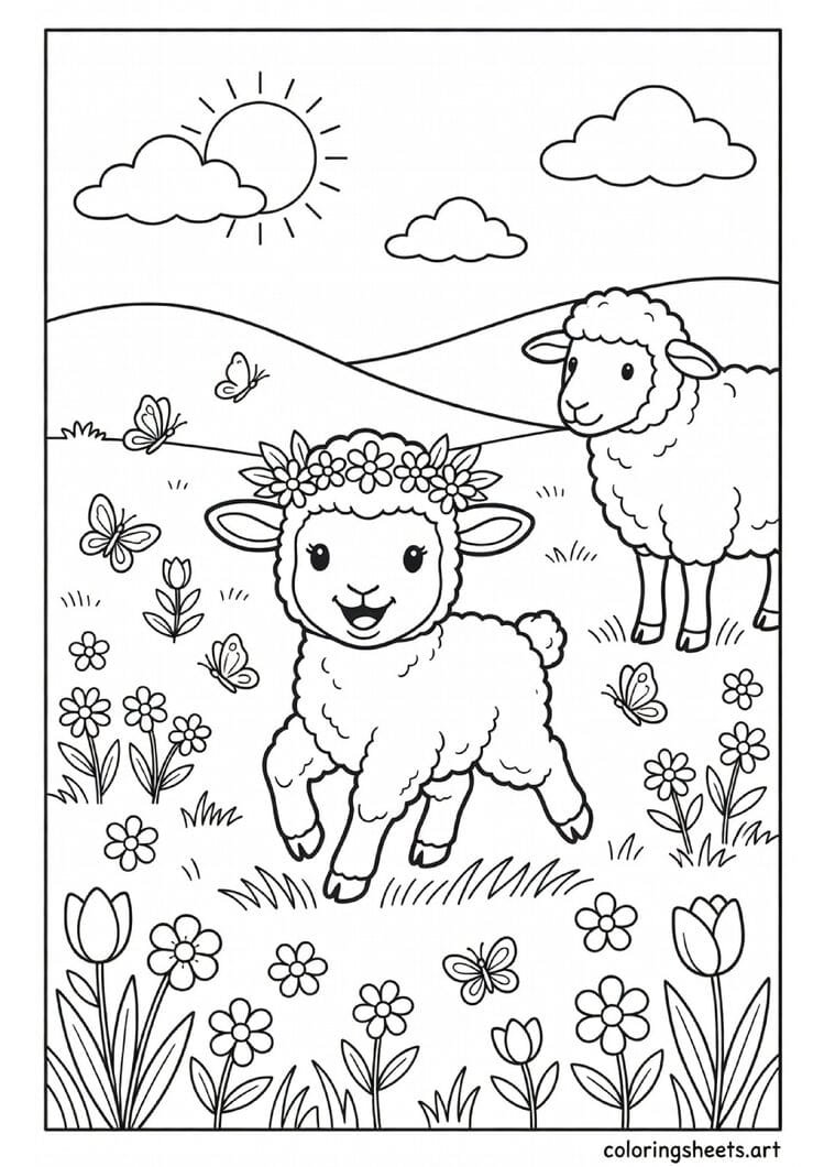 Fluffy baby lamb with flower crown skipping through spring meadow with butterflies and mama sheep coloring page for kids
