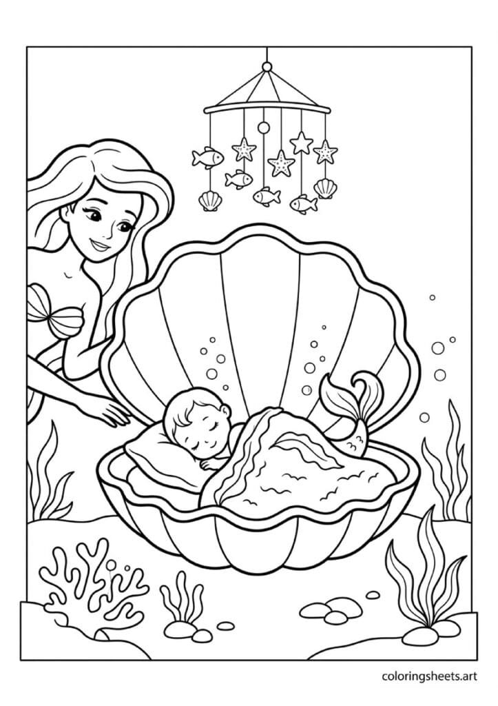 Tiny baby mermaid sleeping in giant clam crib with seaweed blanket fish starfish mobile above and mama mermaid watching lovingly coloring page — free printable PDF