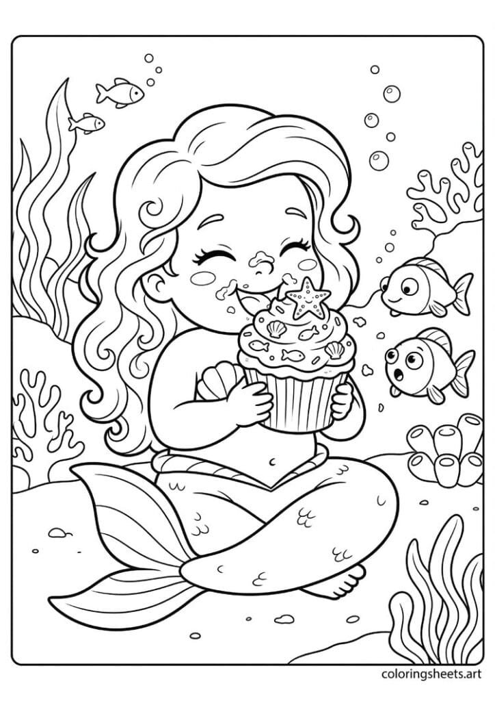 Chubby baby mermaid eating cupcake coloring page, starfish frosting on nose, happy small fish, free printable PDF."