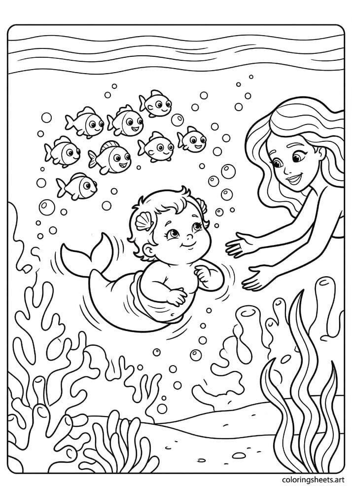 Chubby baby mermaid first swim coloring page, mama mermaid watching proudly, fish cheering, free printable PDF.