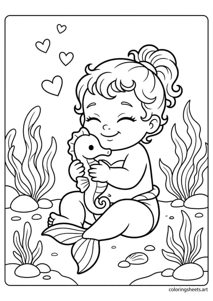 Adorable baby mermaid hugging seahorse toy coloring page, seaweed and hearts, happy shut eyes, free printable PDF