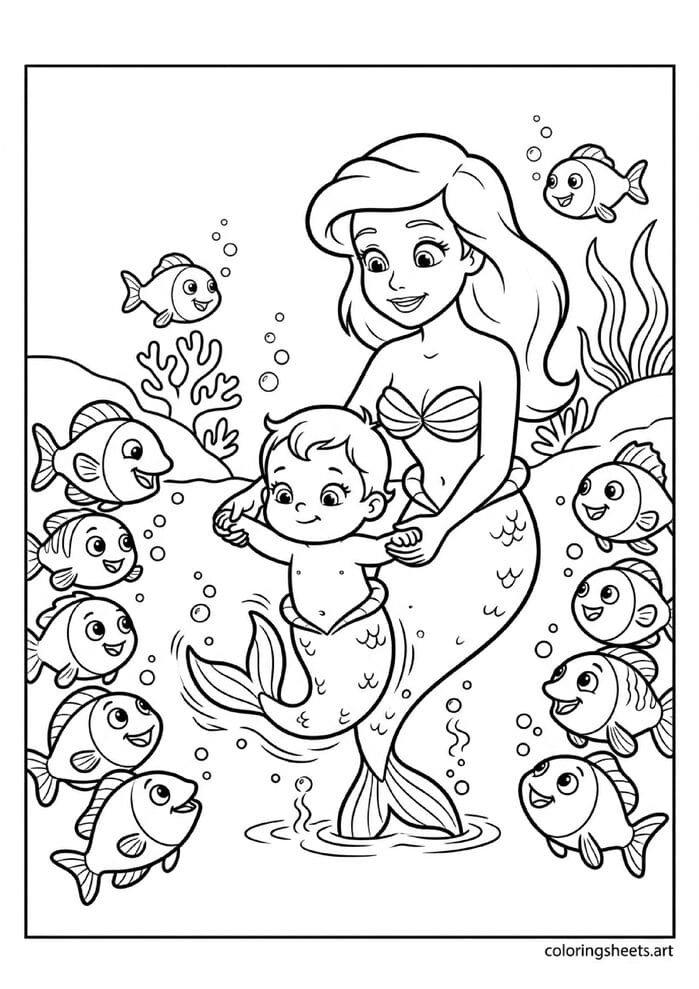 Cute baby mermaid taking first swimming lesson with mama mermaid holding hands guiding and fish cheering on the sides bubbles ripples coloring page — free printable PDF