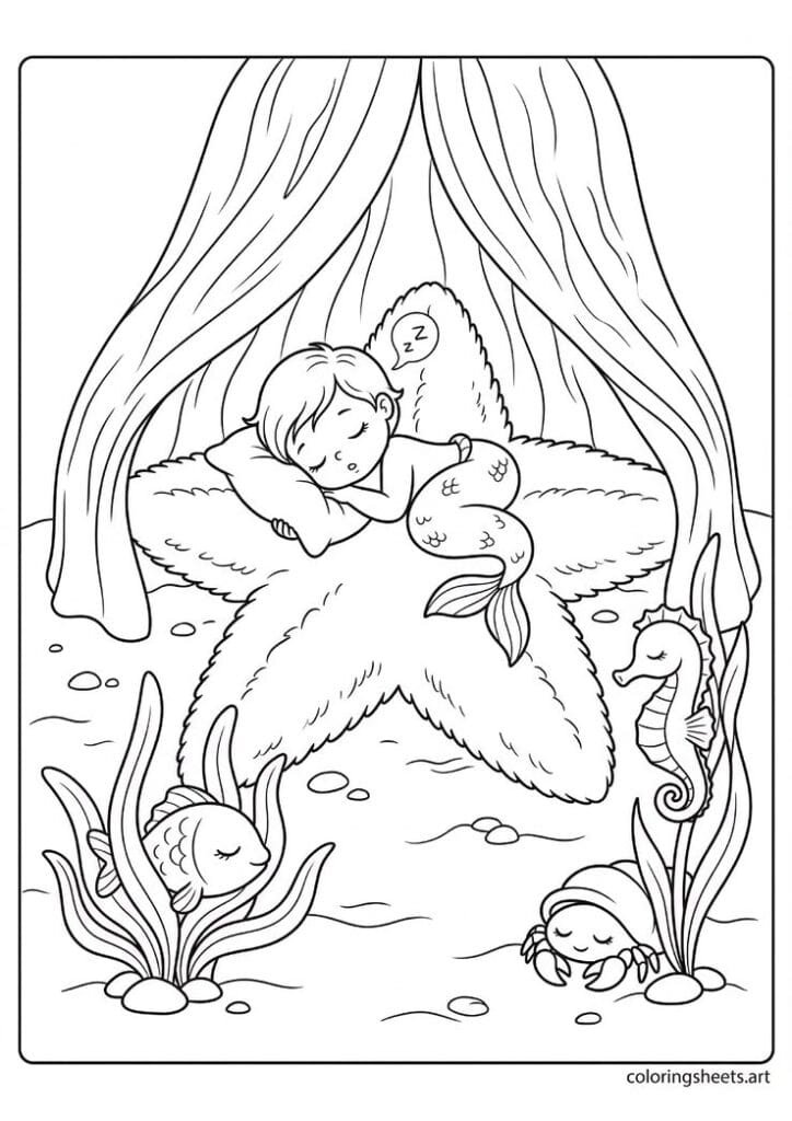 Cute baby mermaid sleeping on giant starfish coloring page, seaweed curtains and tiny sea creatures, free printable PDF.