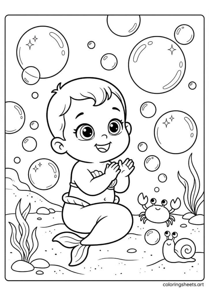 Chubby baby mermaid clapping hands coloring page, giant bubbles and big round eyes, free printable PDF