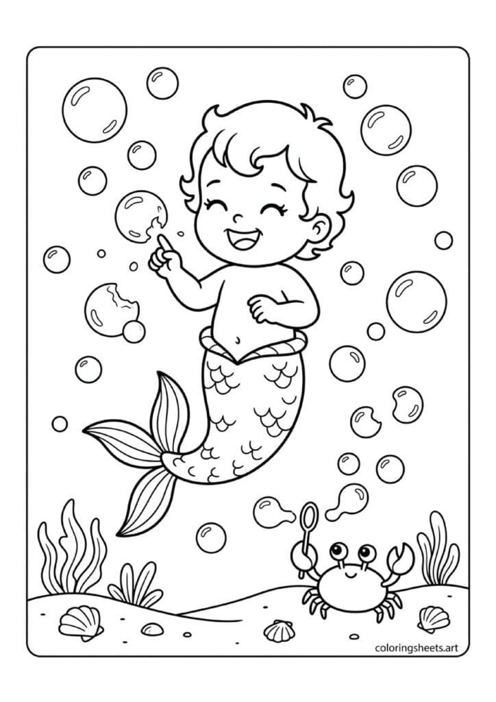 Playful baby mermaid floating and popping bubbles with tiny finger giggling crab below blowing bubble wand bubbles everywhere coloring page — free printable PDF