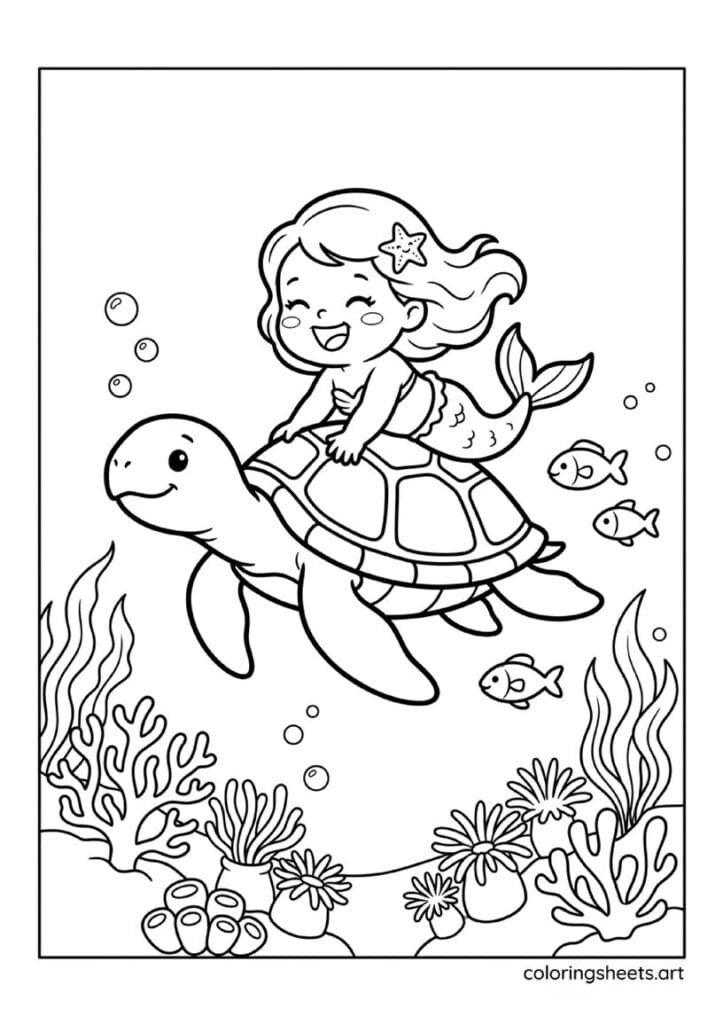 Tiny baby mermaid laughing while riding on back of large friendly sea turtle with fish swimming alongside coral below coloring page — free printable PDF
