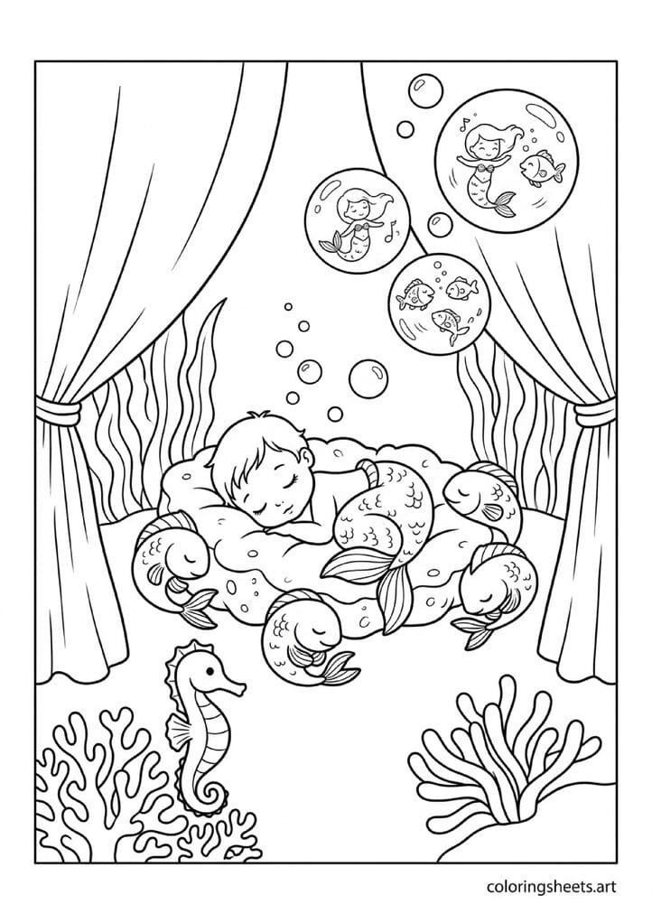 Tiny baby mermaid sleeping on sea sponge bed with four fish sleeping around her seahorse watching dream bubbles and seaweed curtains coloring page — free printable PDF